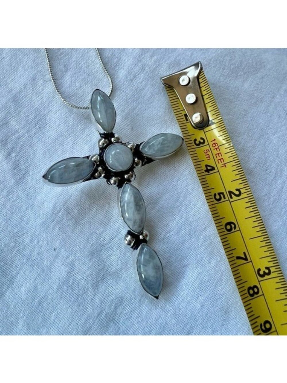 925 Majestic! Rainbow Flash Moonstone Cross Pendant Necklace - Picture 4 of 7